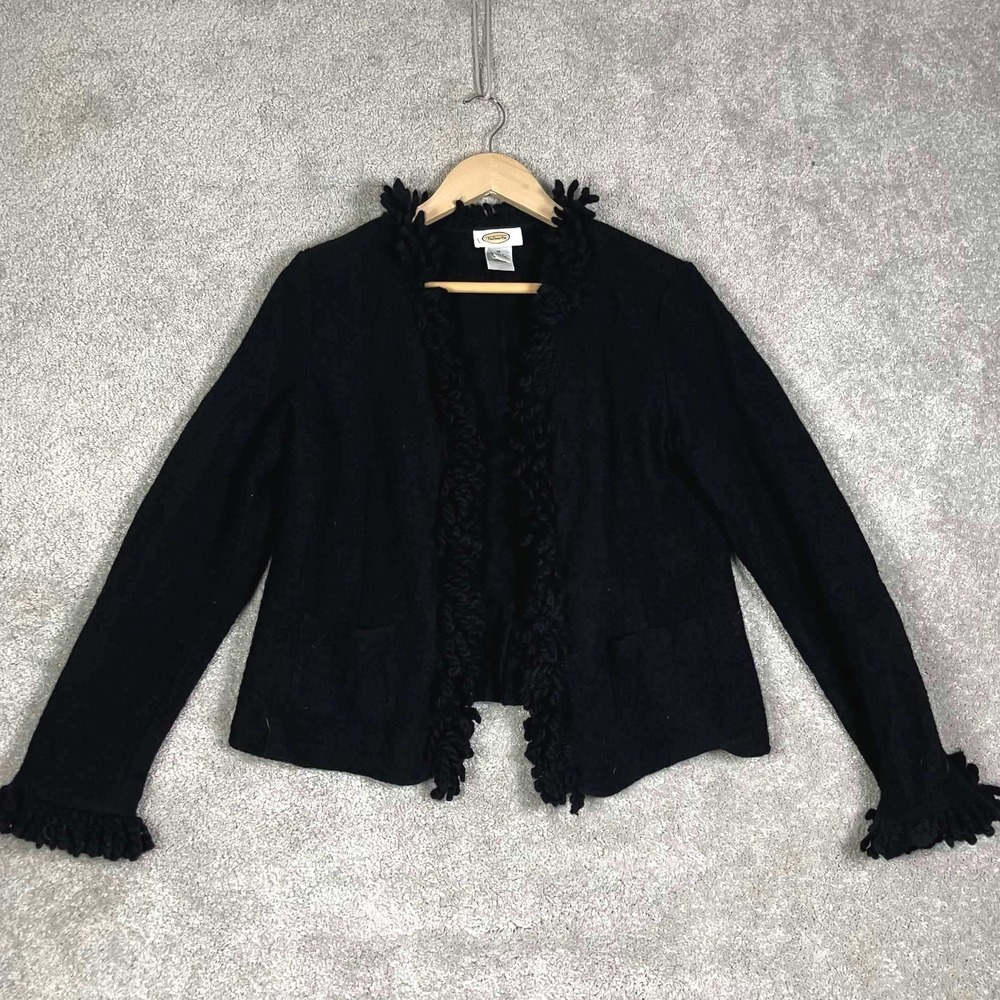 Vintage Talbots Black Wool Fringe Trim Jacket Womens M Open Front 90s Goth